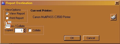 6. You may now Select the type of Check to be printed. Usually style with disclaimer is chosen here. Make your selection from the menu and press the appropriate button. The check will be printed. Once checks have been printed, they will leave this screen upon re-entry. 7. Final Step. Just choose print report and you will be on the way to the bank.