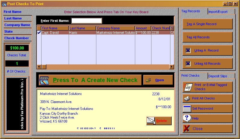 5. You are now at the posting Checks to Print Screen. From here, you may print the selected check or all 